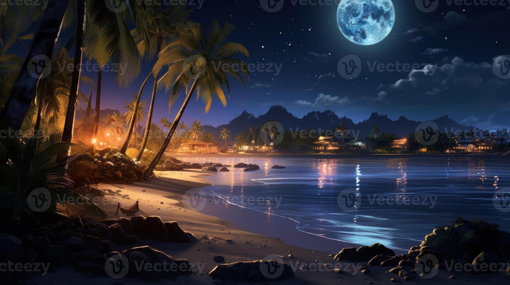 Palm trees line a sandy beach under a bright moon with a mountainous backdrop. photo