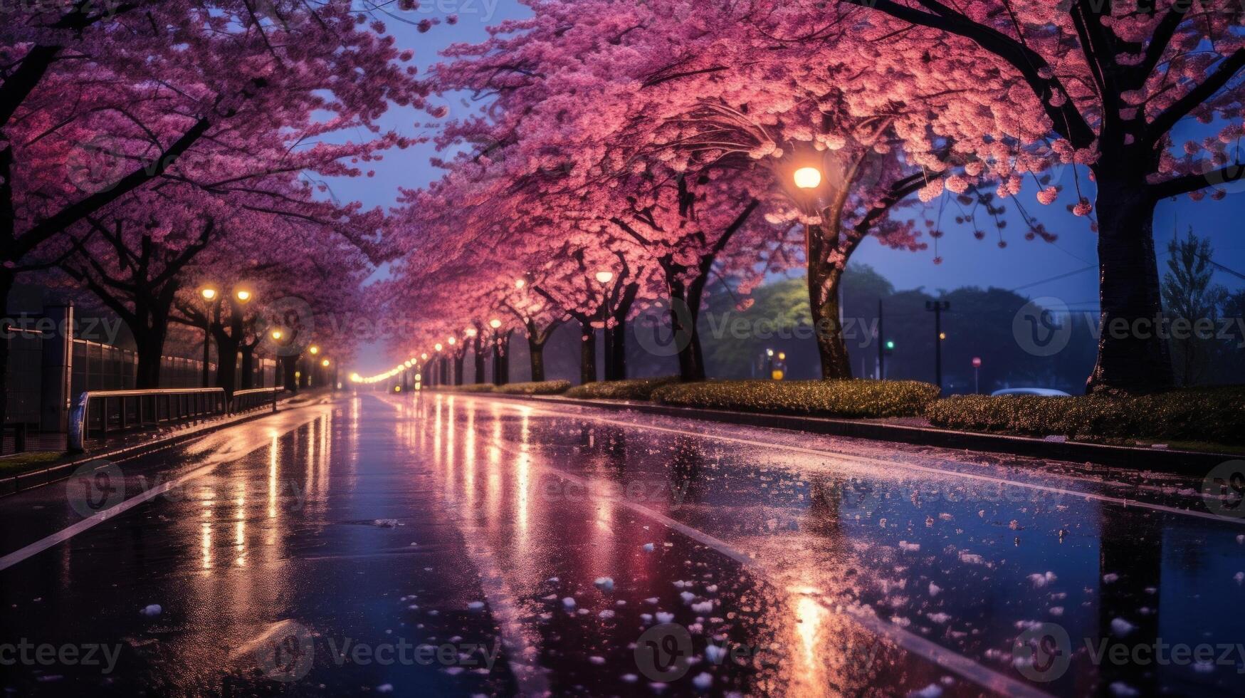 Wet asphalt road with pink cherry blossoms and street lights reflecting in the water, at night. photo