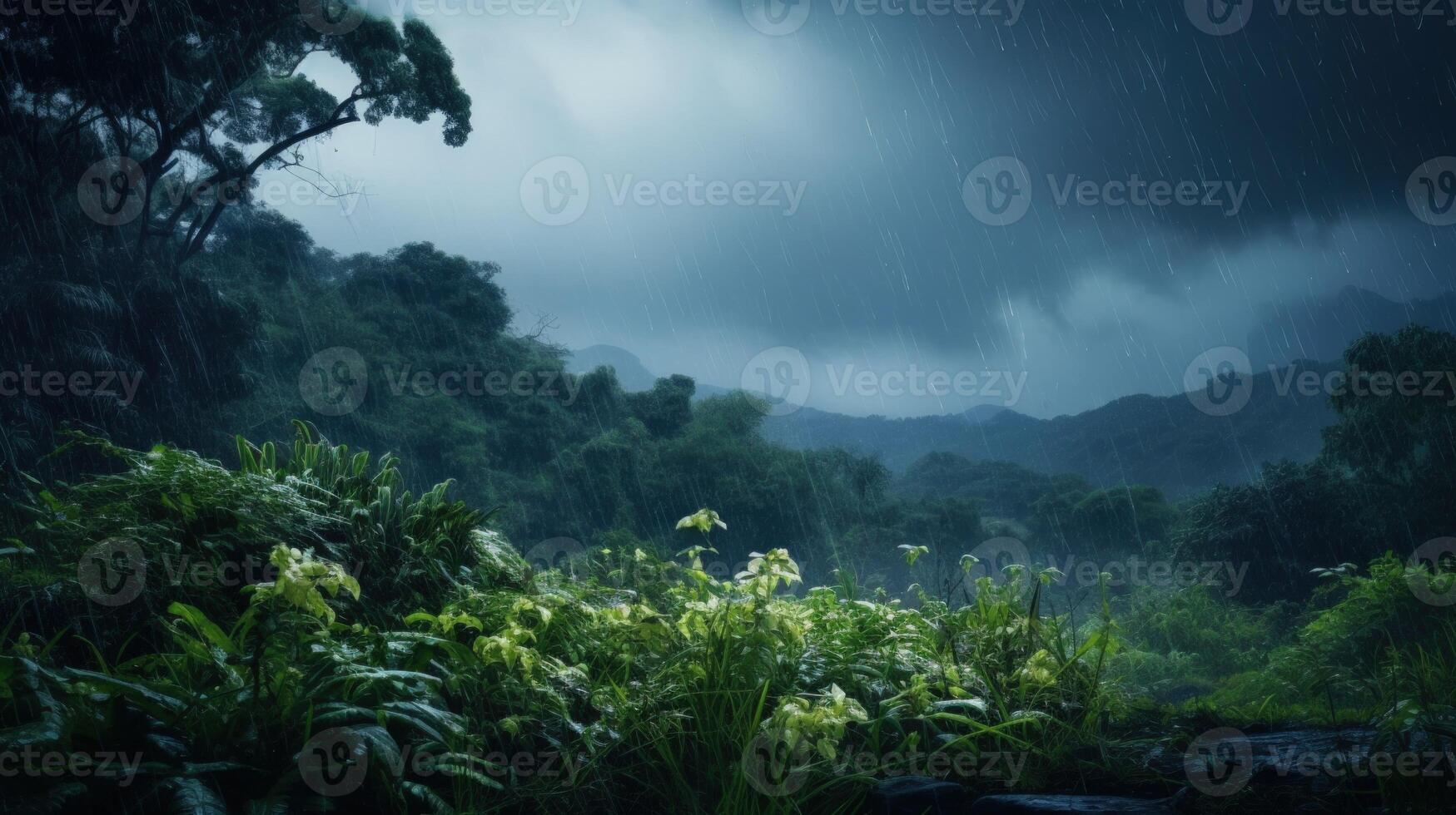 Lush greenery in a rainforest during a heavy downpour with a dark cloudy sky. photo