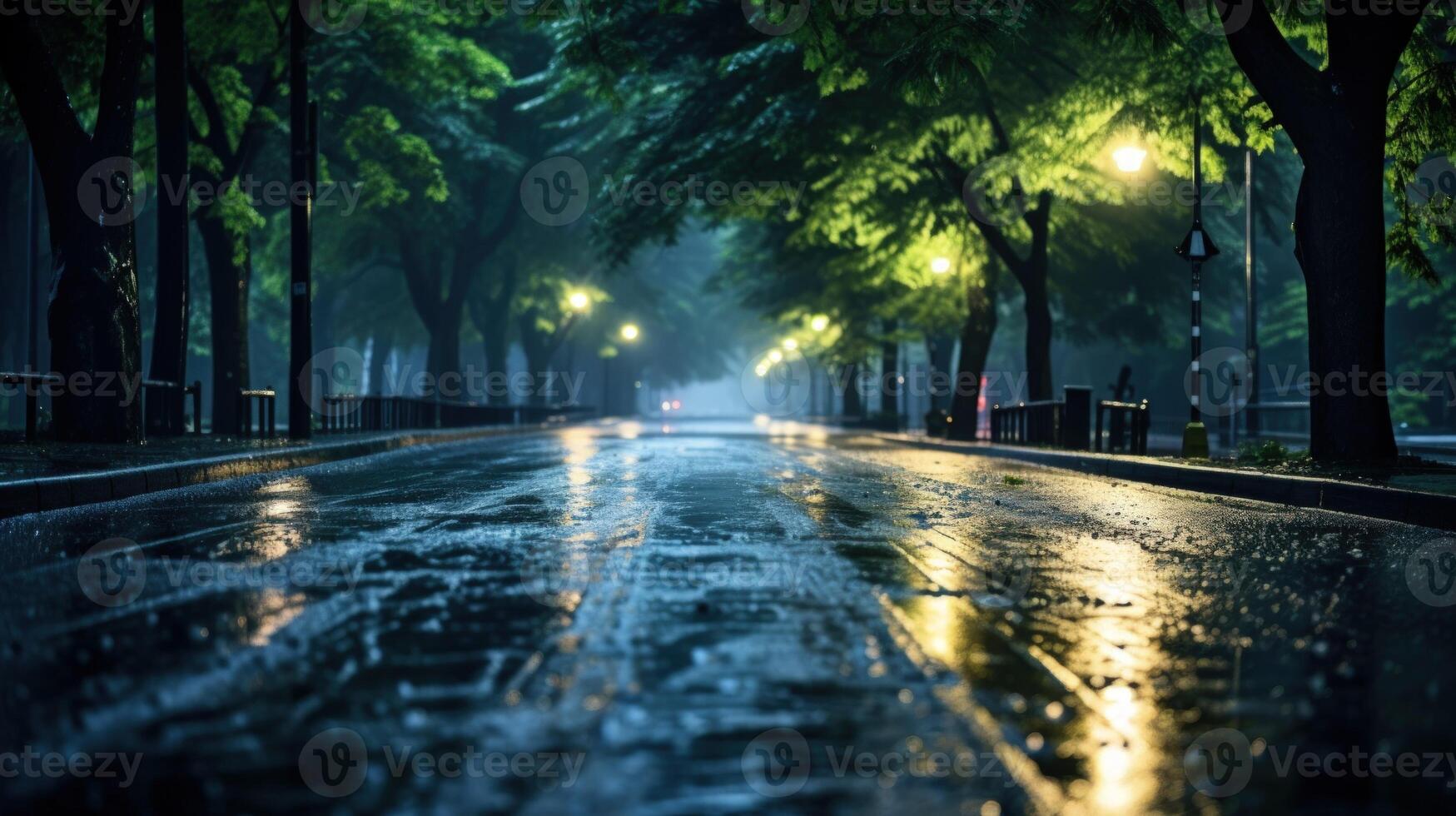 Wet asphalt road in a park at night with street lights and trees on both sides. photo