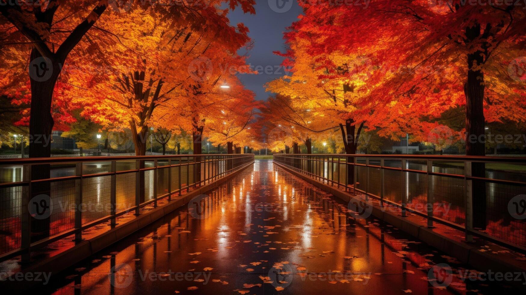 Wet pavement reflecting the light from trees with red, orange, and yellow fall foliage in a cityscape. photo