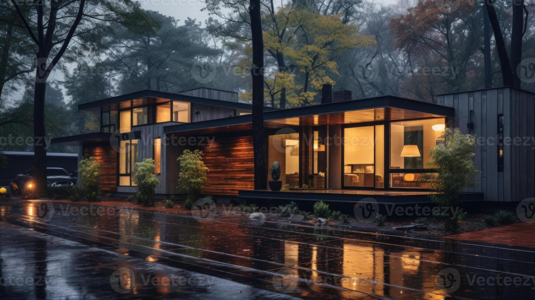 Modern house with large windows lit up at night, reflecting in a wet driveway after a rain shower in a forest setting. photo