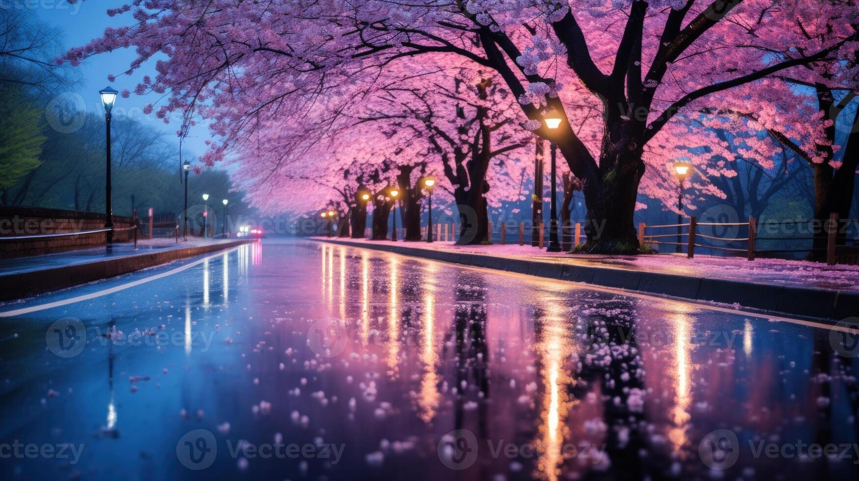 Wet pavement reflects the pink blossoms of cherry trees lining a street at night with street lights. photo