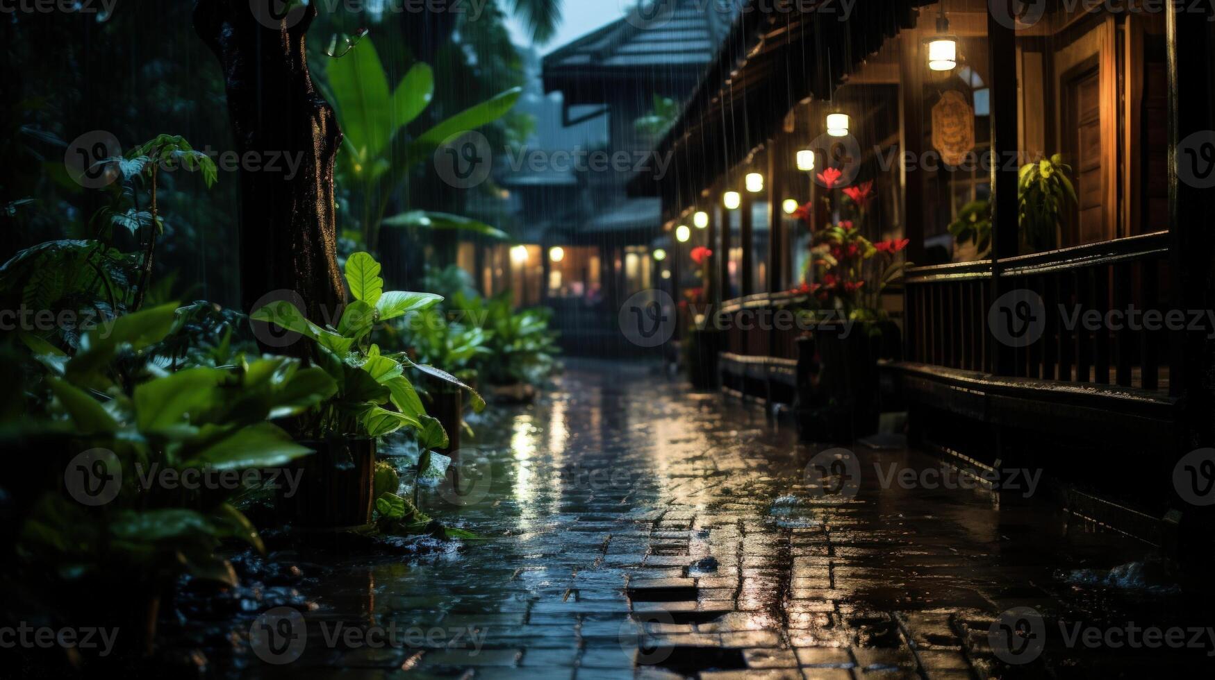 Rain falls on a cobblestone path in front of a building with lights. photo