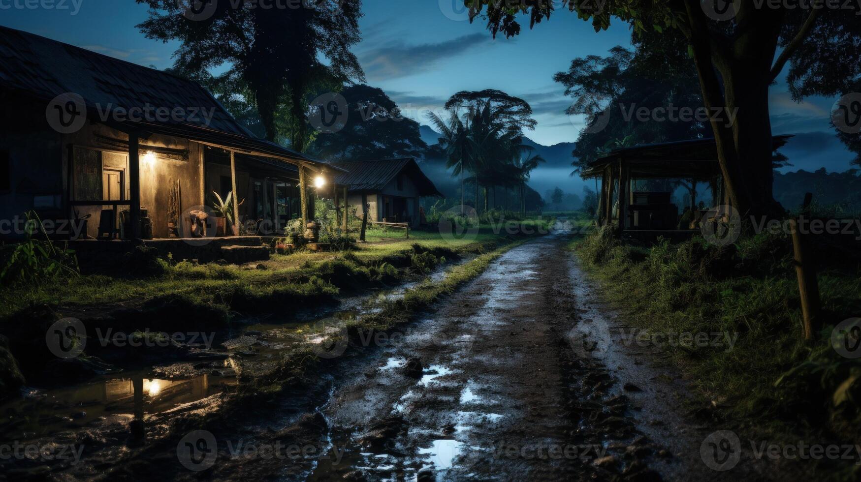Two rustic huts with lit windows and a muddy path through the jungle at dusk. photo