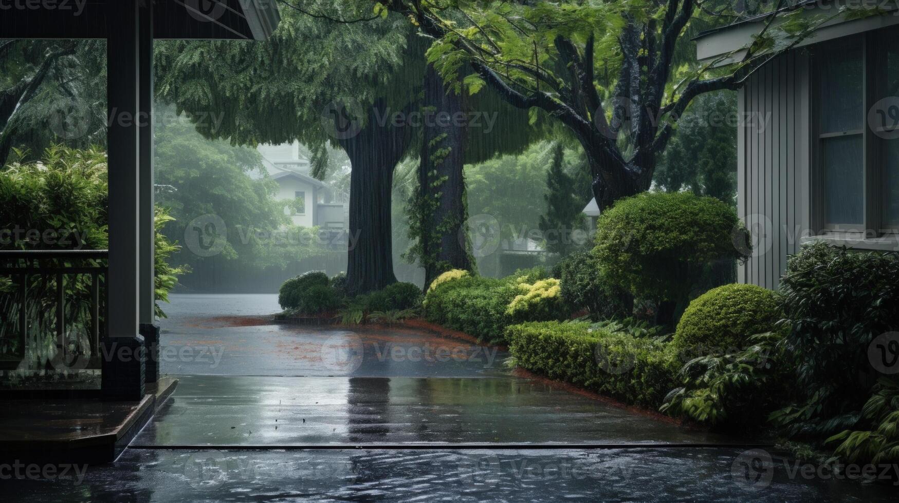 View of a wet driveway and a lush garden on a rainy day, seen through the doorway of a covered porch. photo