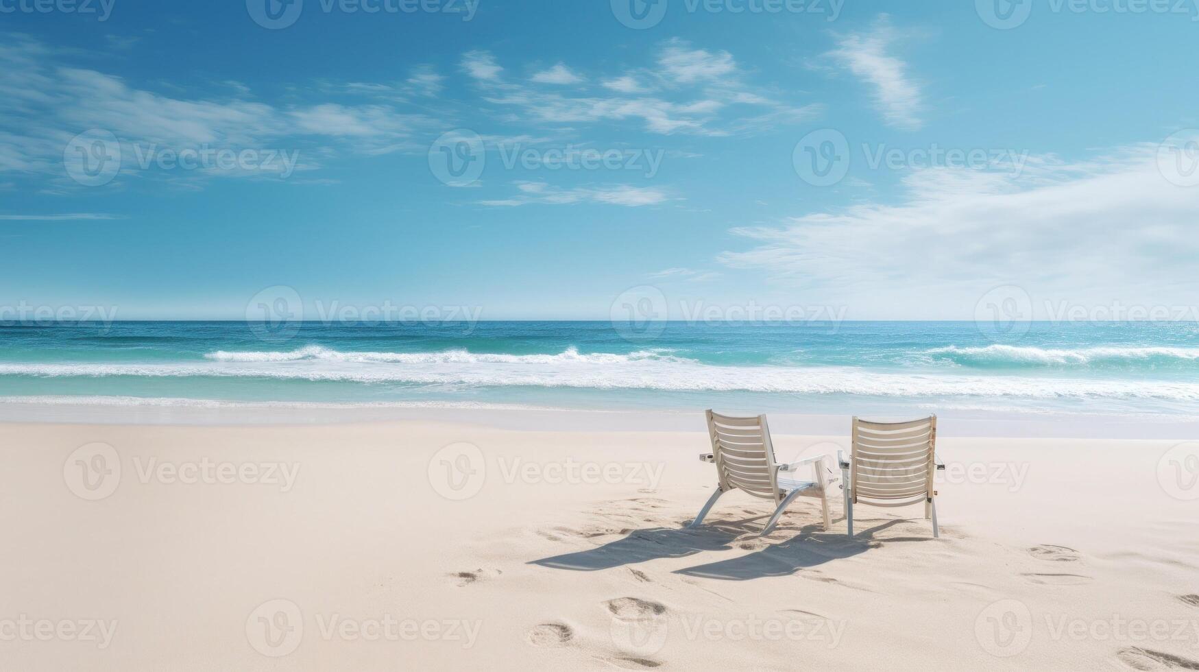 Two empty beach chairs on a pristine white sandy beach with a blue ocean in the background under a bright blue sky. photo