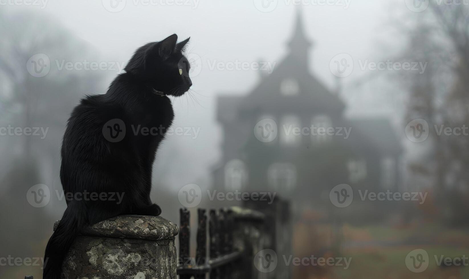 A black cat sitting on a fence with a creepy old mansion in the background, and space above for text photo