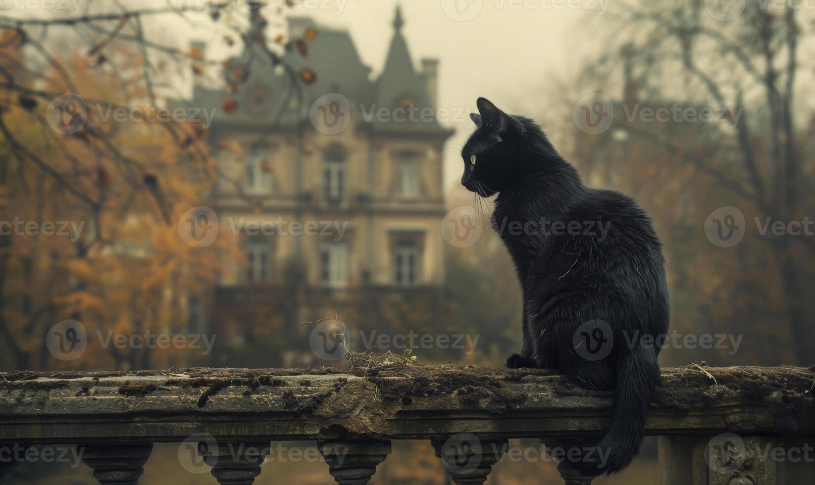 A black cat sitting on a fence with a creepy old mansion in the background, and space above for text photo