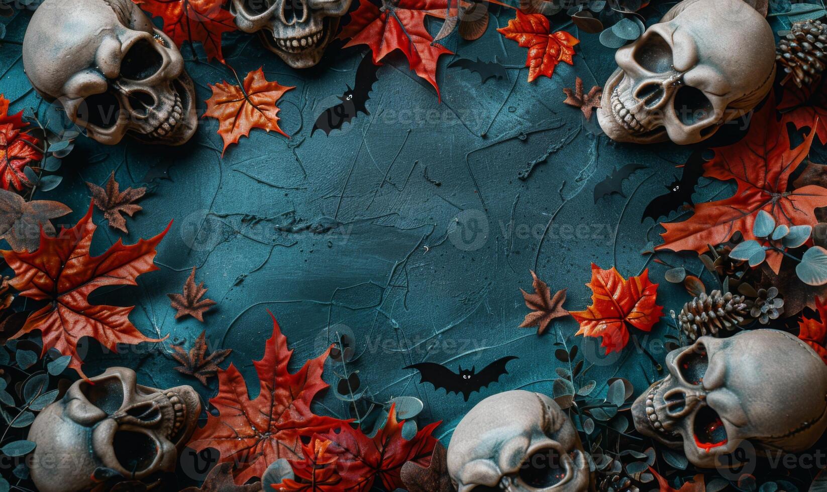 A flat lay background with Halloween decorations like skulls, bats, and autumn leaves framing an empty area photo
