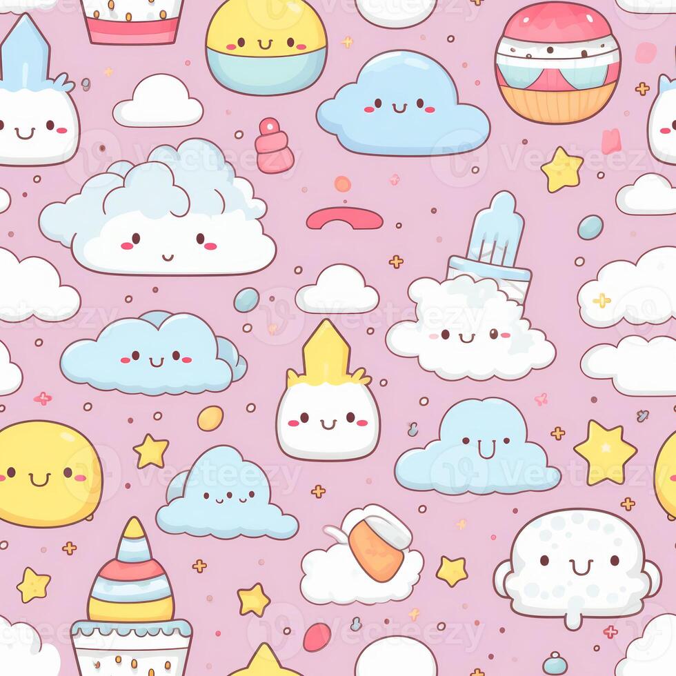 seamless pattern with pastel-colored kawaii cartoon wallpaper photo