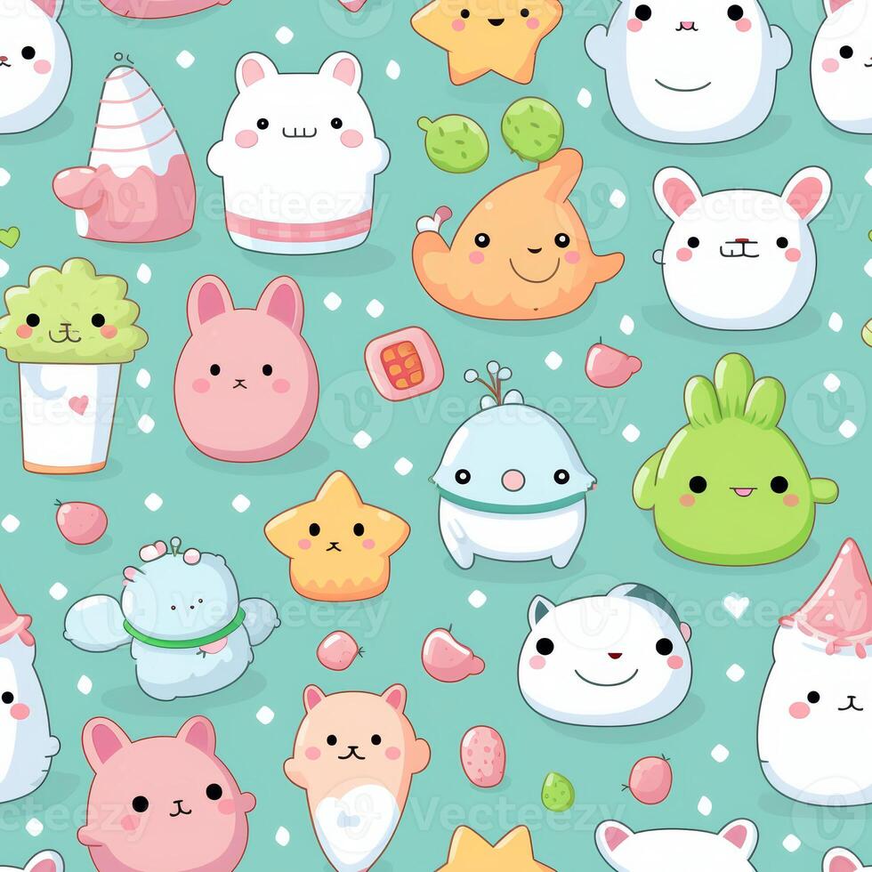 seamless pattern with pastel-colored kawaii cartoon wallpaper photo