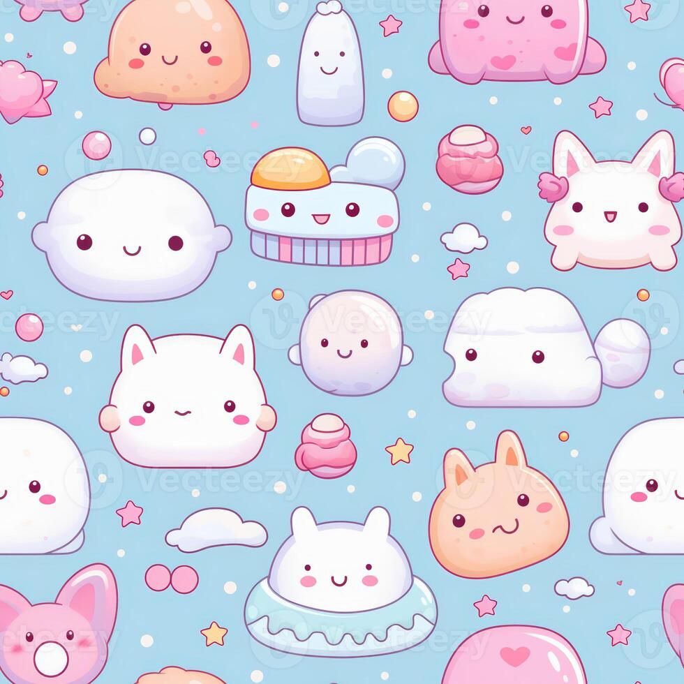 seamless pattern with pastel-colored kawaii cartoon wallpaper photo