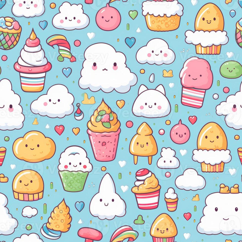 seamless pattern with pastel-colored kawaii cartoon wallpaper photo