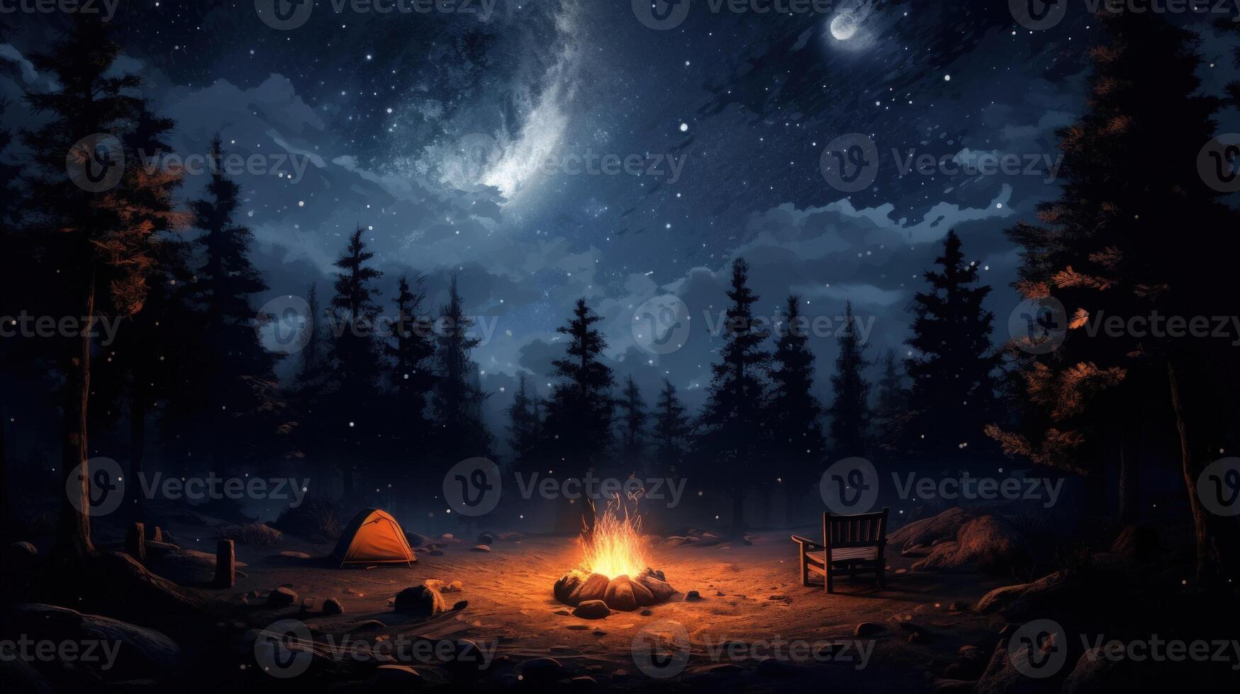 A Cozy Campsite Under a Starry Sky with a Campfire, Tent, and a Wooden Chair. photo