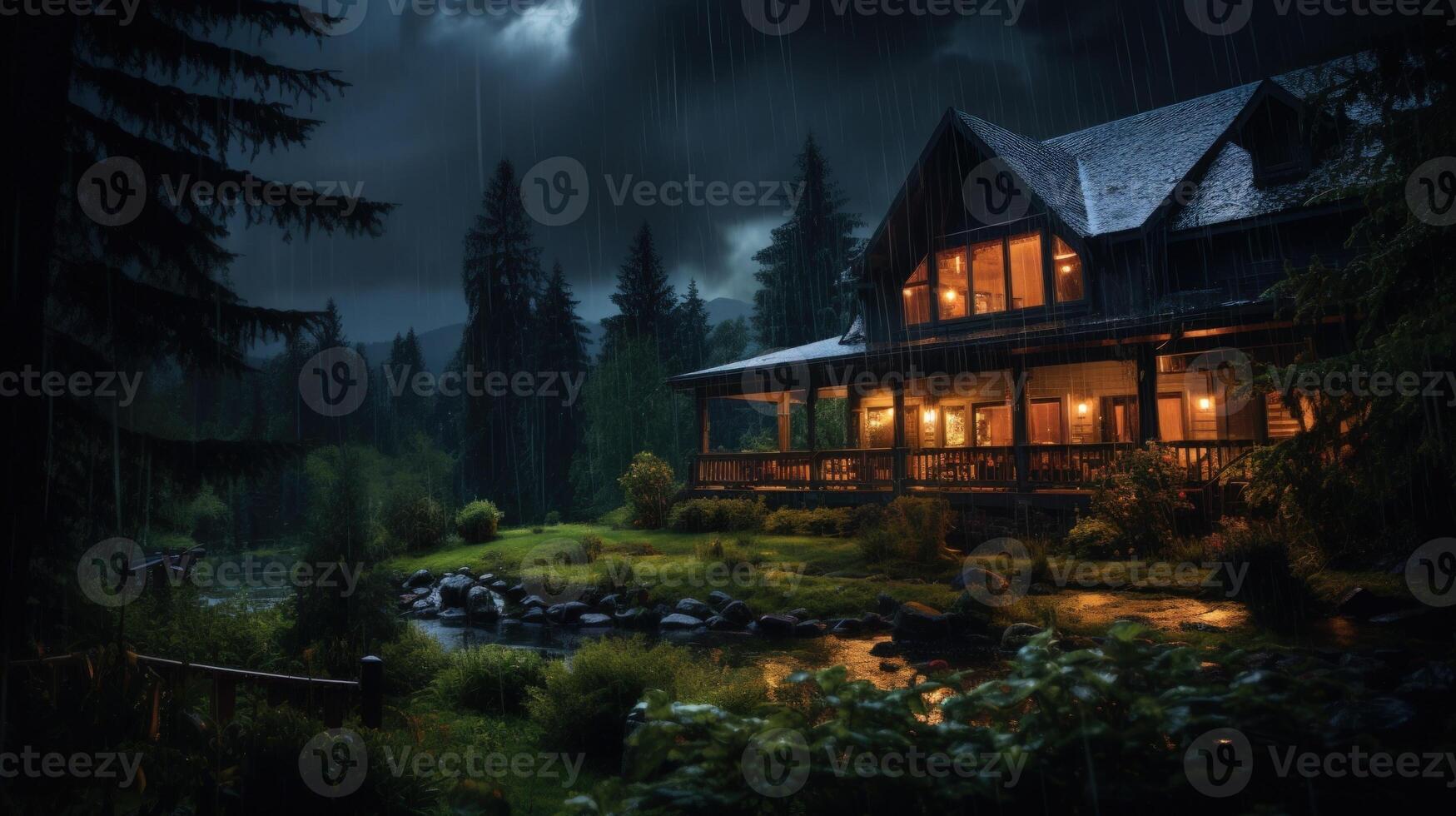 A Cozy Cabin Nestled In The Woods During A Rainstorm. photo