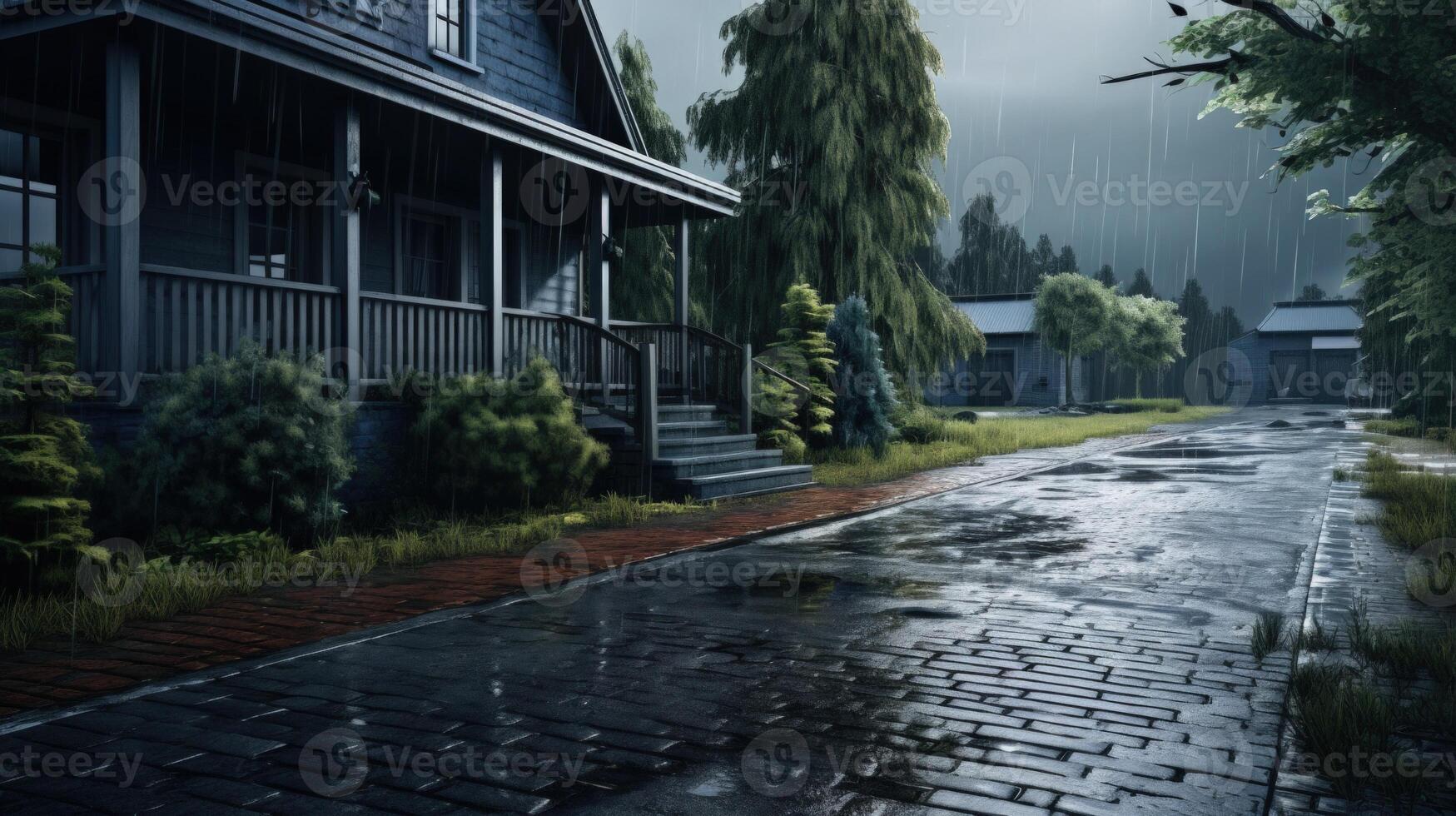 A Rainy Day on a Cobblestone Street in Front of a House. photo