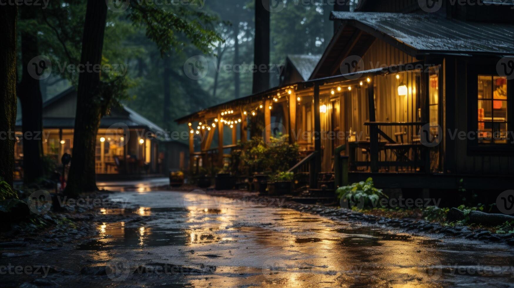 A Wet Pathway Through a Cozy Cabin Village at Night. photo