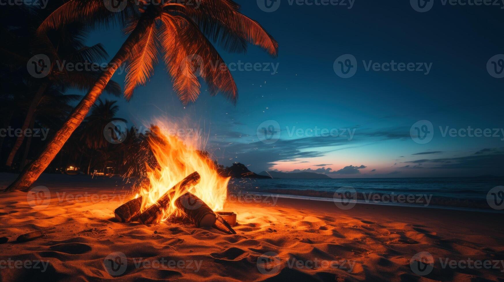 A bonfire burns brightly on a sandy beach under a palm tree with the ocean in the background and the setting sun casting a warm glow over the scene. photo