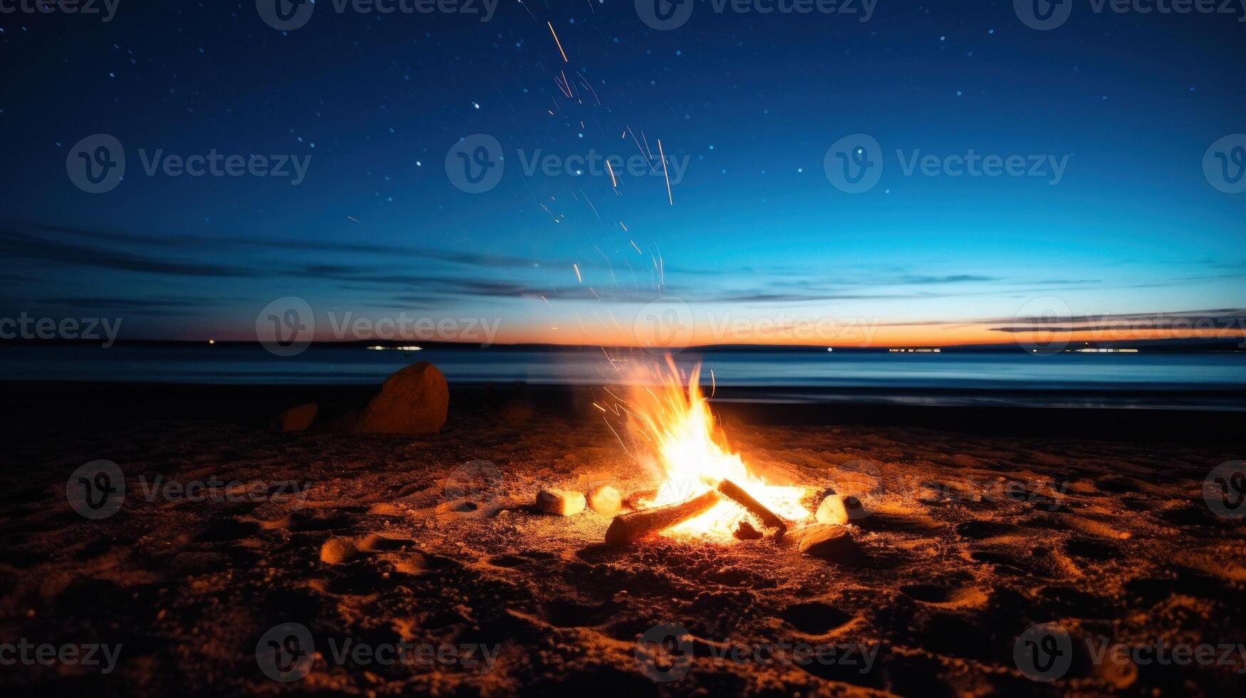 A bonfire crackles on the beach under a star-filled sky at night. photo