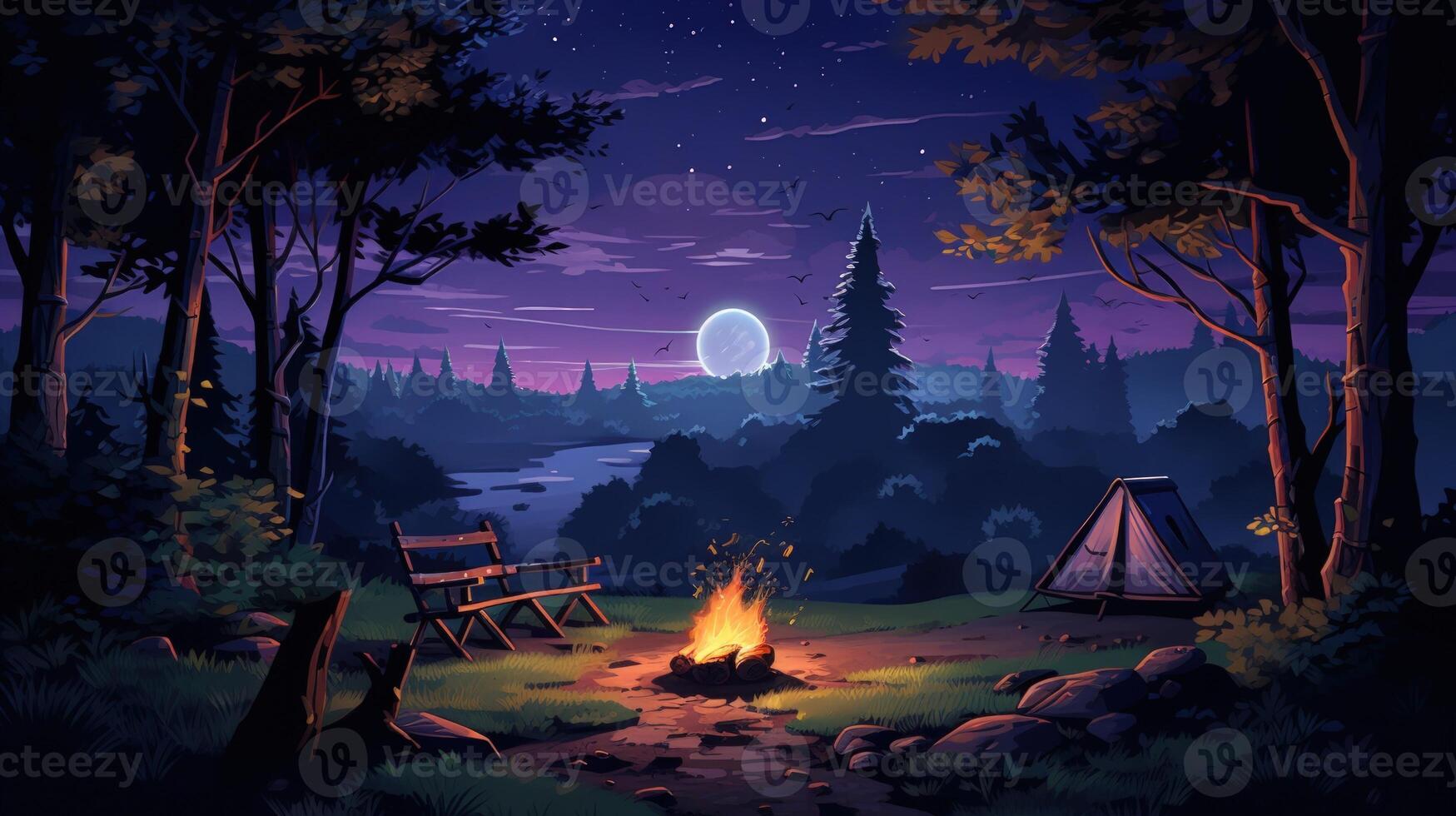 A bonfire in the woods at night with a moon and stars in the sky, a tent, and a bench. photo