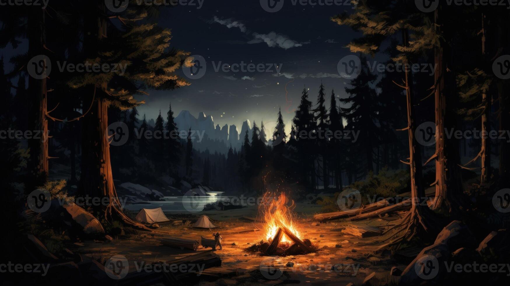 A bright campfire burns in the middle of a forest clearing at night, casting a warm glow on two tents and the surrounding trees. photo