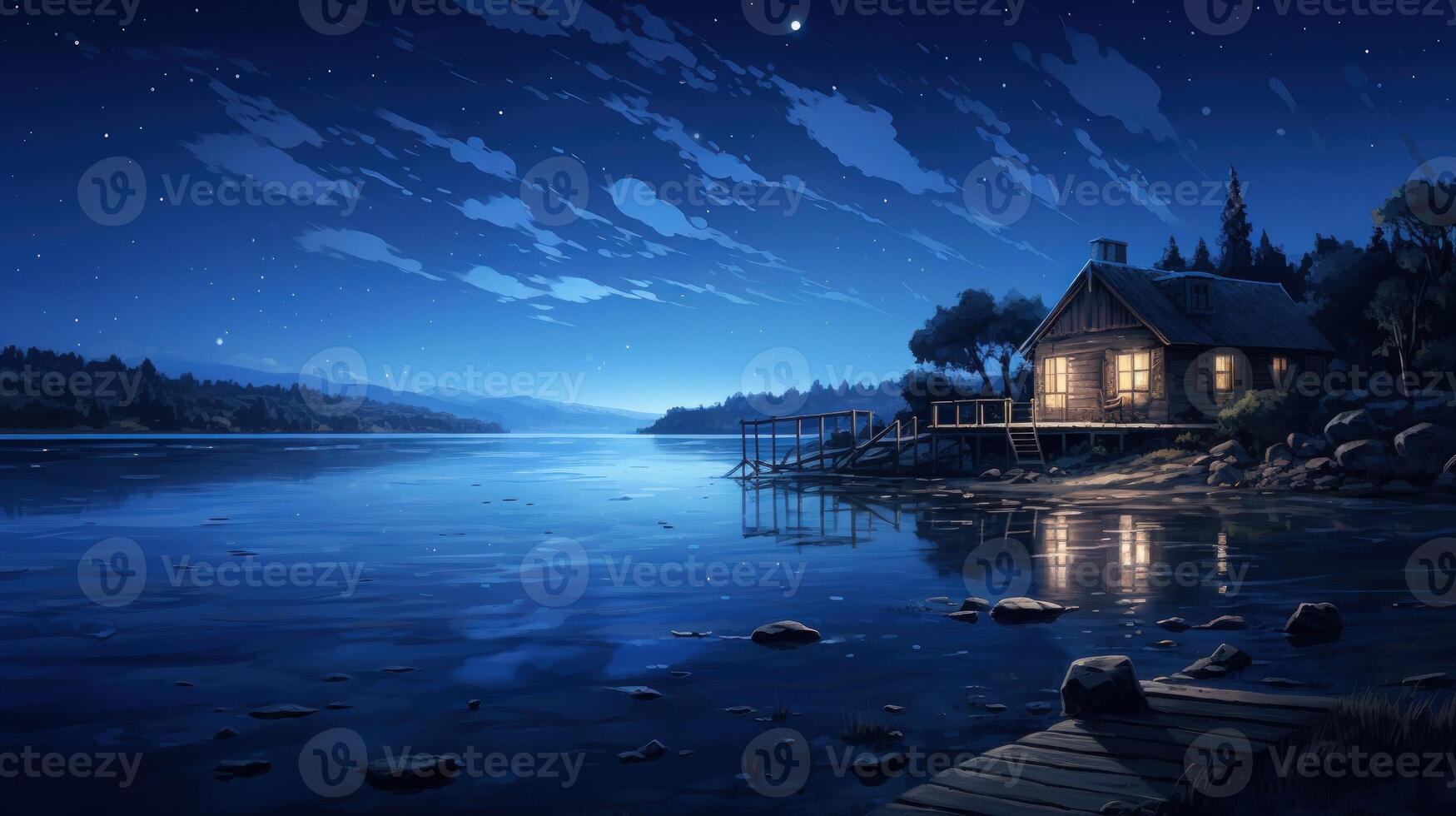 A cabin by the lake at night with a starry sky. photo