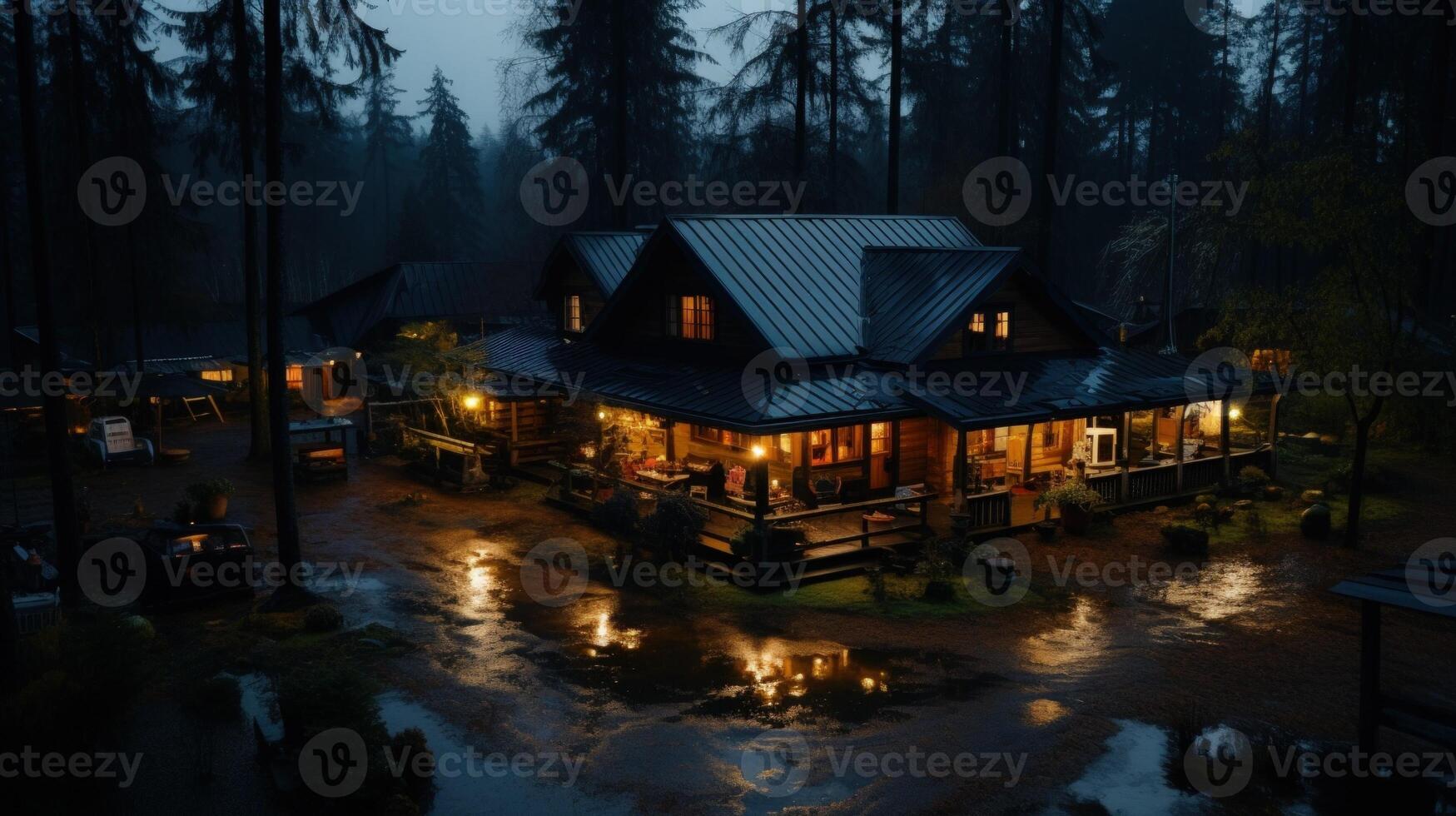 A cabin nestled in the woods with a porch lit up at night, illuminated by a warm light. The ground is wet from the rain. photo