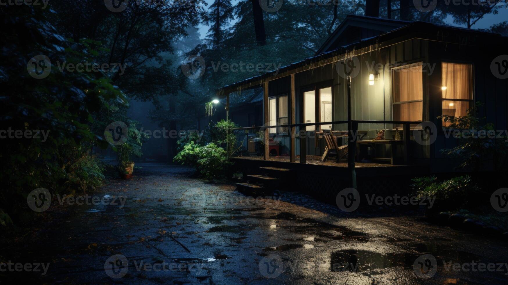 A cabin in the woods with a porch light on and a wet pathway. photo