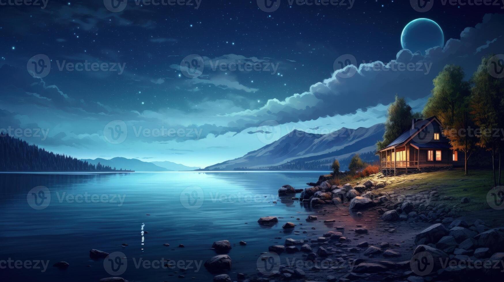 A cabin sits on the shore of a lake under a starry sky with a crescent moon. photo