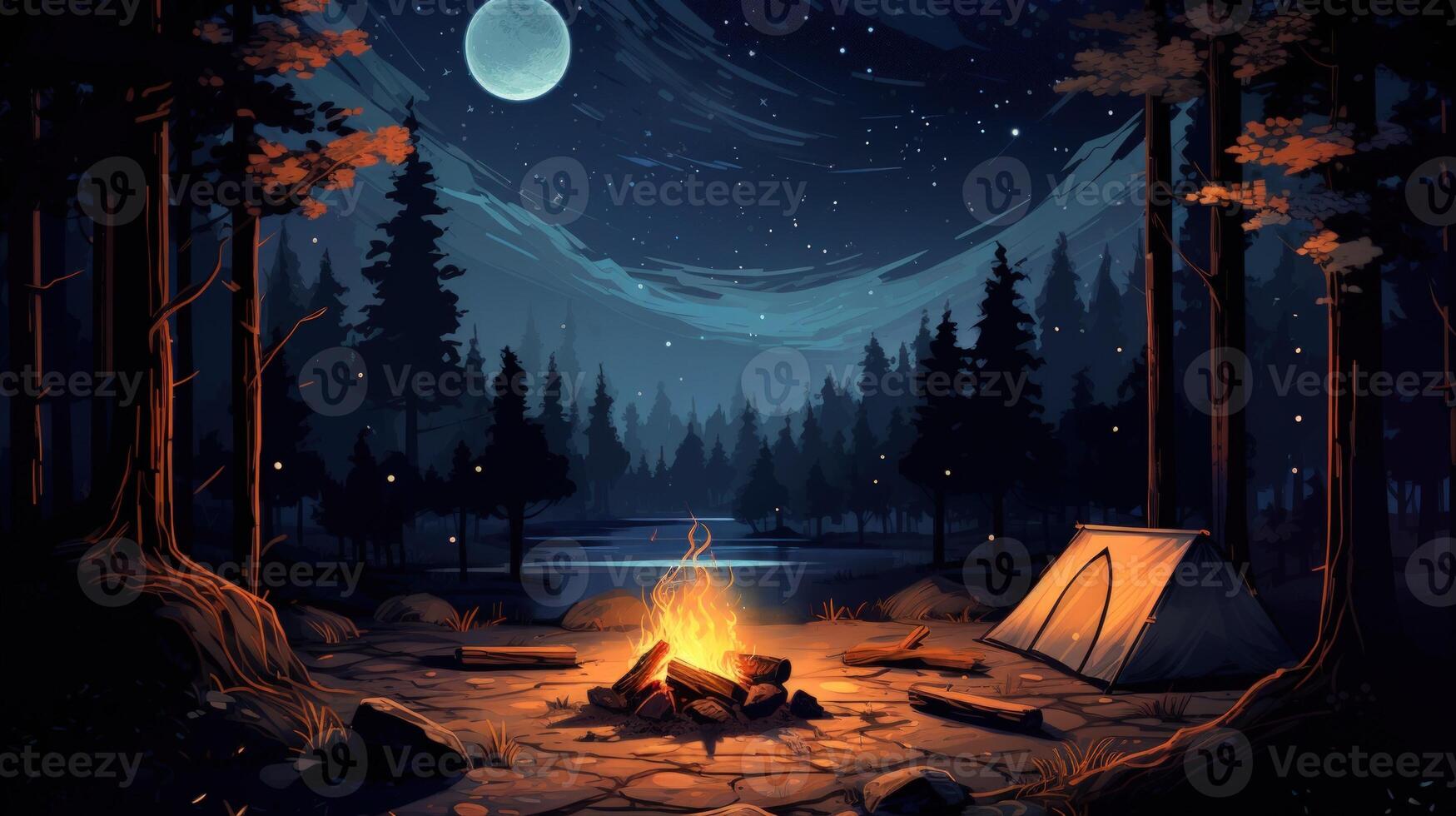 A campfire burns brightly in a moonlit forest, casting warm light on a tent and the surrounding trees. photo