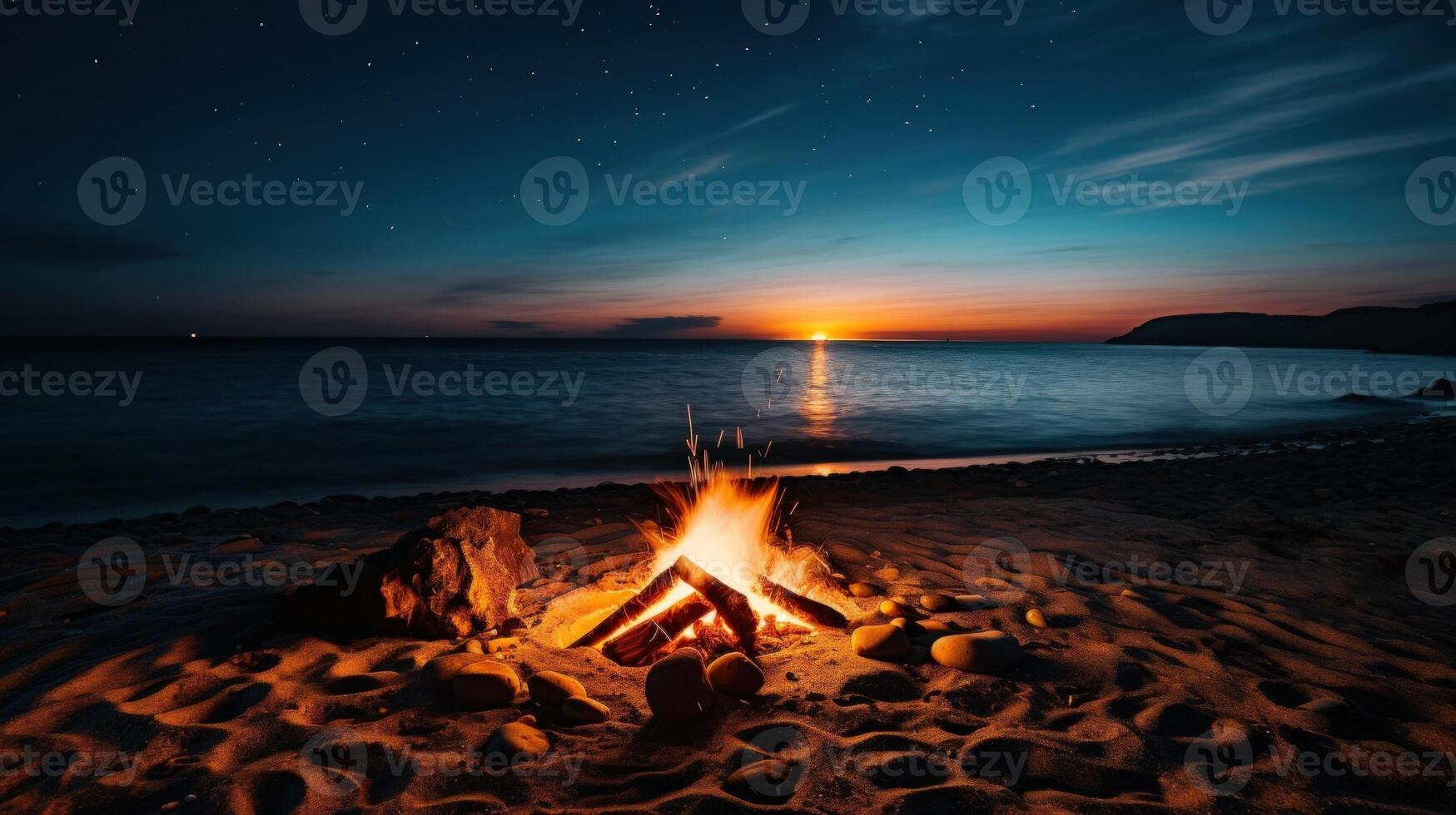 A campfire burns brightly on a sandy beach under a starry sky as the sun sets over the ocean. photo