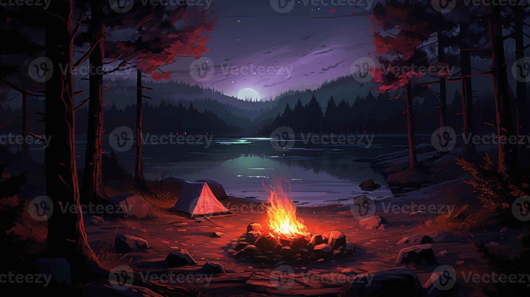 A campfire burns brightly on the lakeshore, casting a warm glow against the dark silhouette of the forest, with a tent nearby. photo