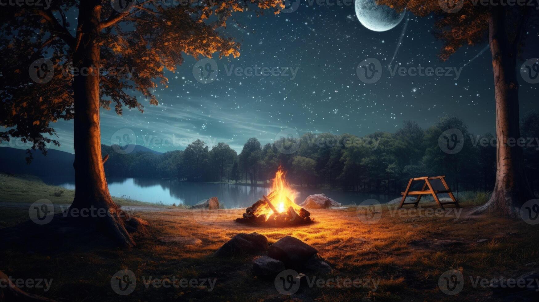 A campfire burns brightly under a starlit sky with a full moon, casting a warm glow on the lake and forest in the distance. photo