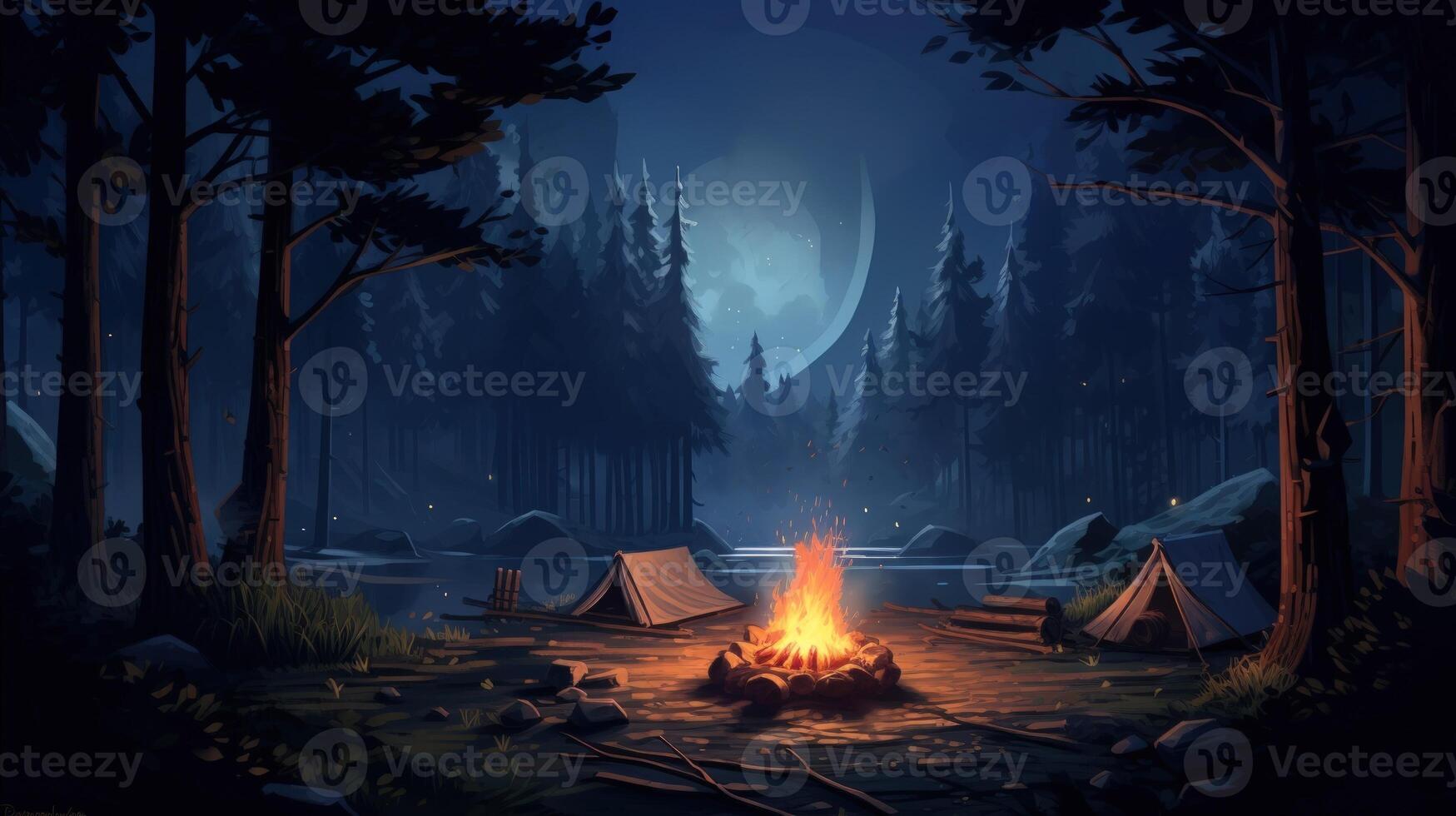 A campfire glows brightly between two tents in a dark forest lit by the moon. photo