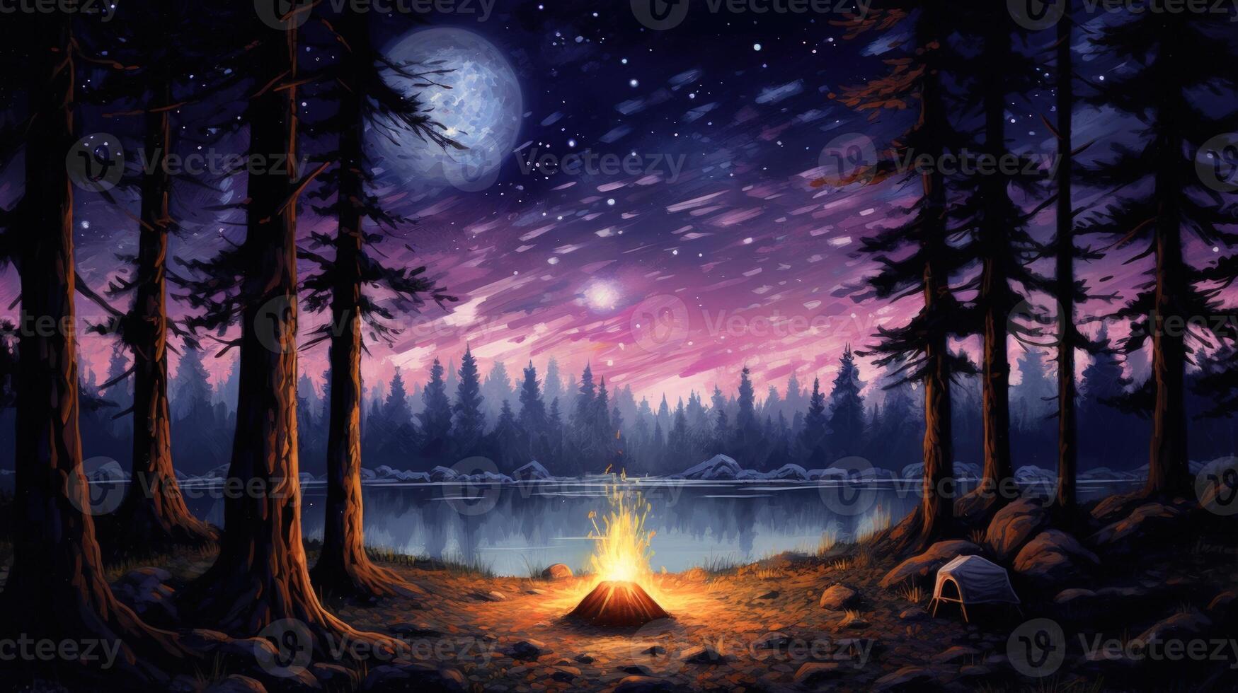 A campfire glows brightly in the center of a forested lake shore at night, with a tent to the right, under a sky filled with stars and a large moon. photo
