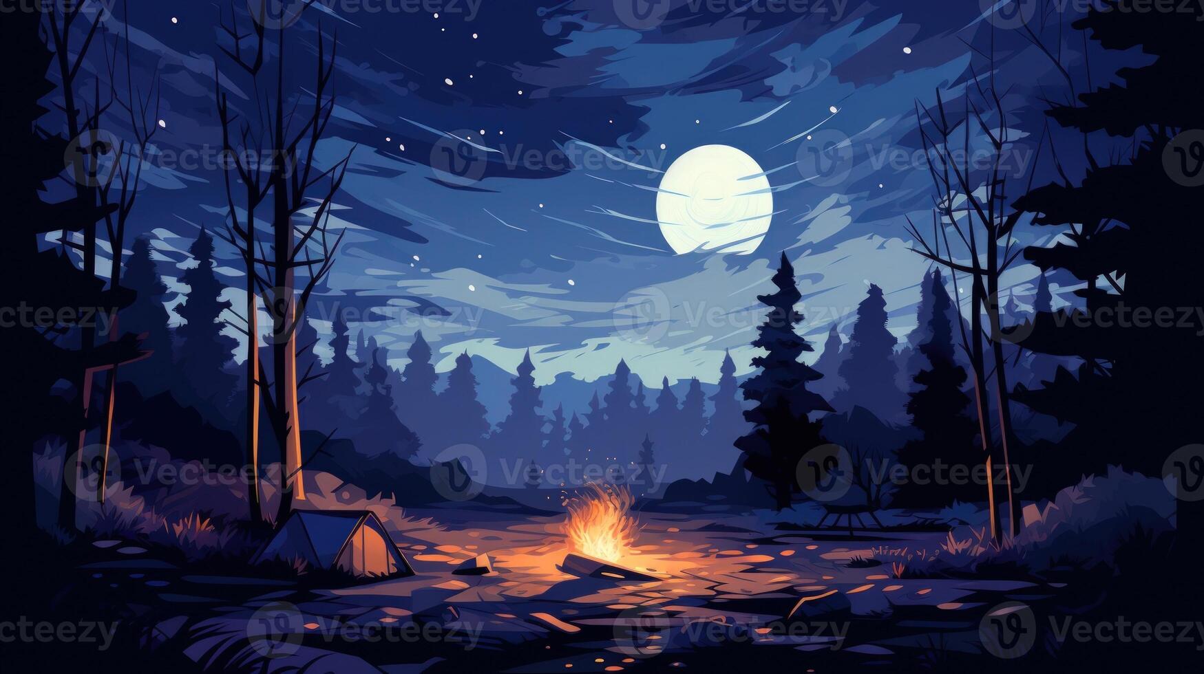 A campfire illuminates a forest clearing under a full moon and a starry sky. photo