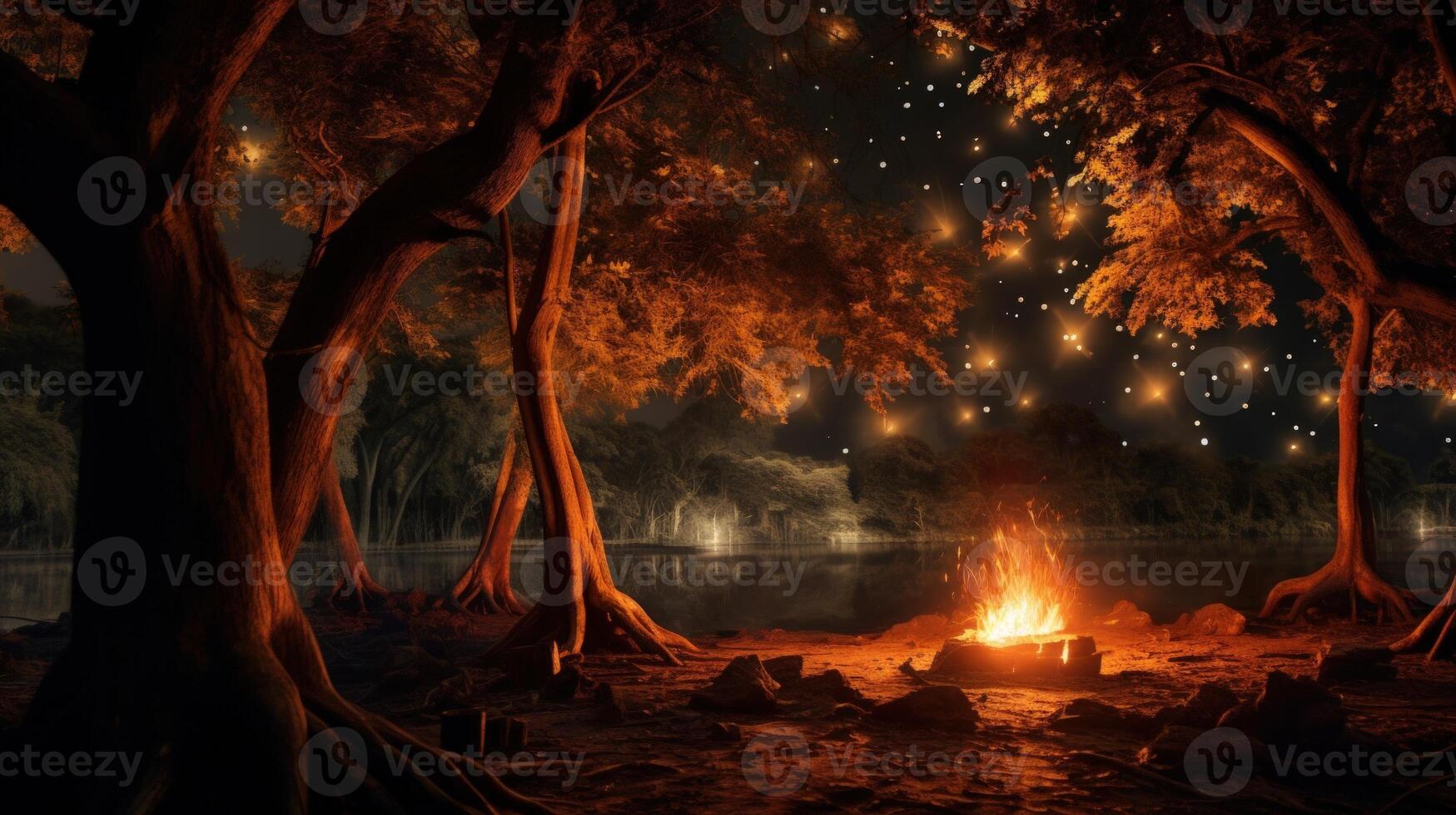 A campfire glows under a sky full of stars in a magical forest. photo