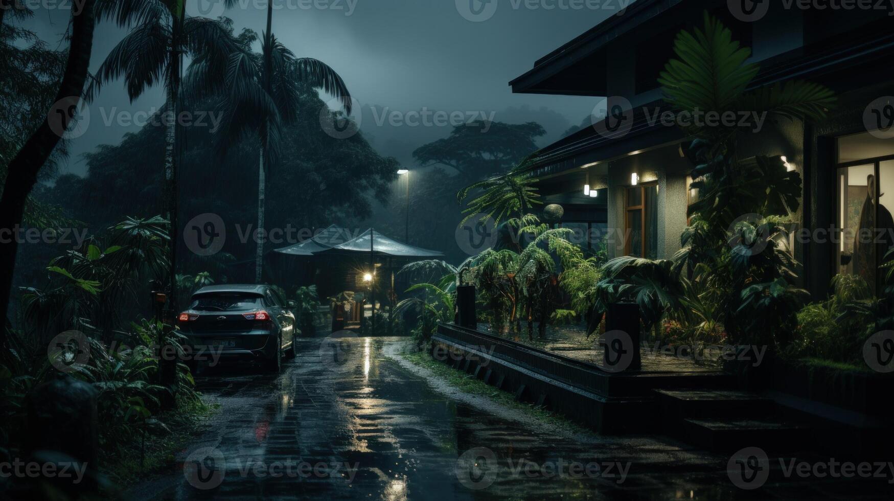 A car parked on a wet driveway in front of a modern house in the rain at night. photo