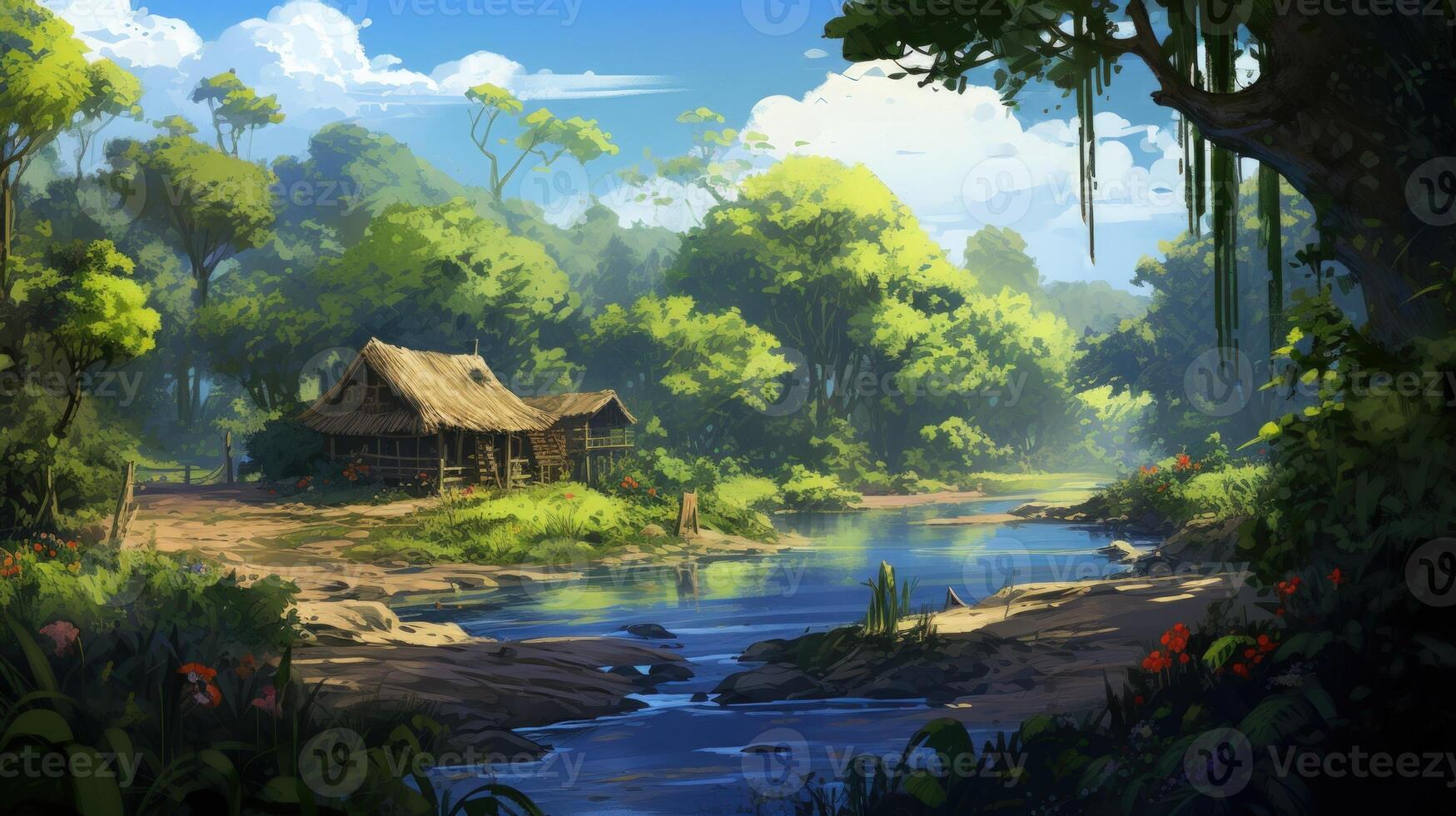 A charming cabin sits on a lush, green bank overlooking a calm river in a picturesque forest. photo