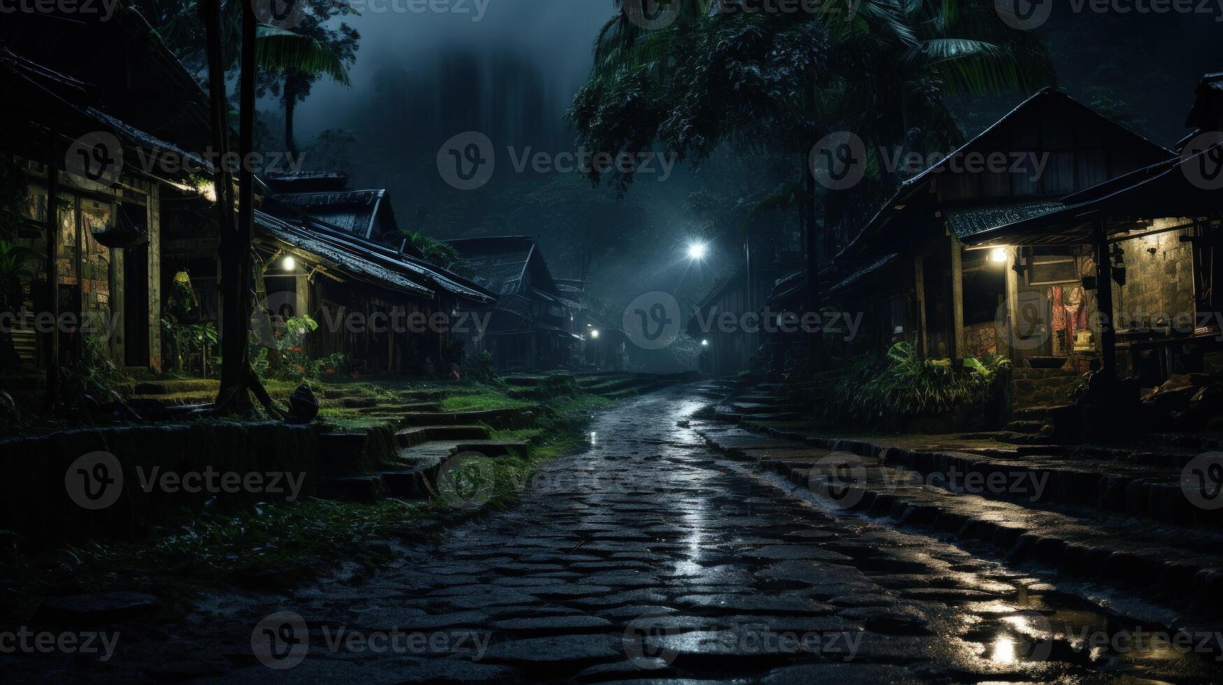 A cobblestone path winds through a dark, misty forest village at night. The houses are dimly lit, and the path is wet with rain. photo