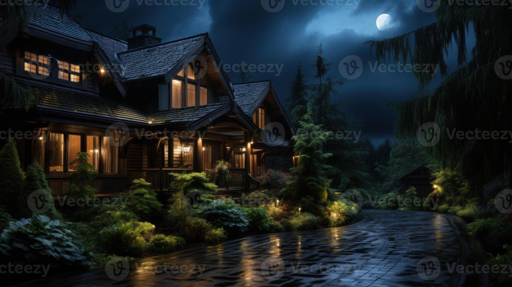 A cozy cabin bathed in moonlight, illuminated by warm lights, stands nestled among lush greenery on a rainy night. photo