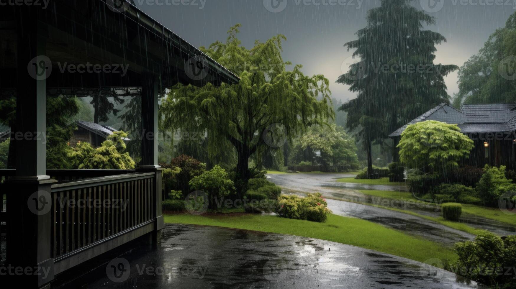 A covered porch with a view of a rainy day.  The porch is wooden and has a railing.  There are trees and bushes in the background, and the ground is wet from the rain. photo