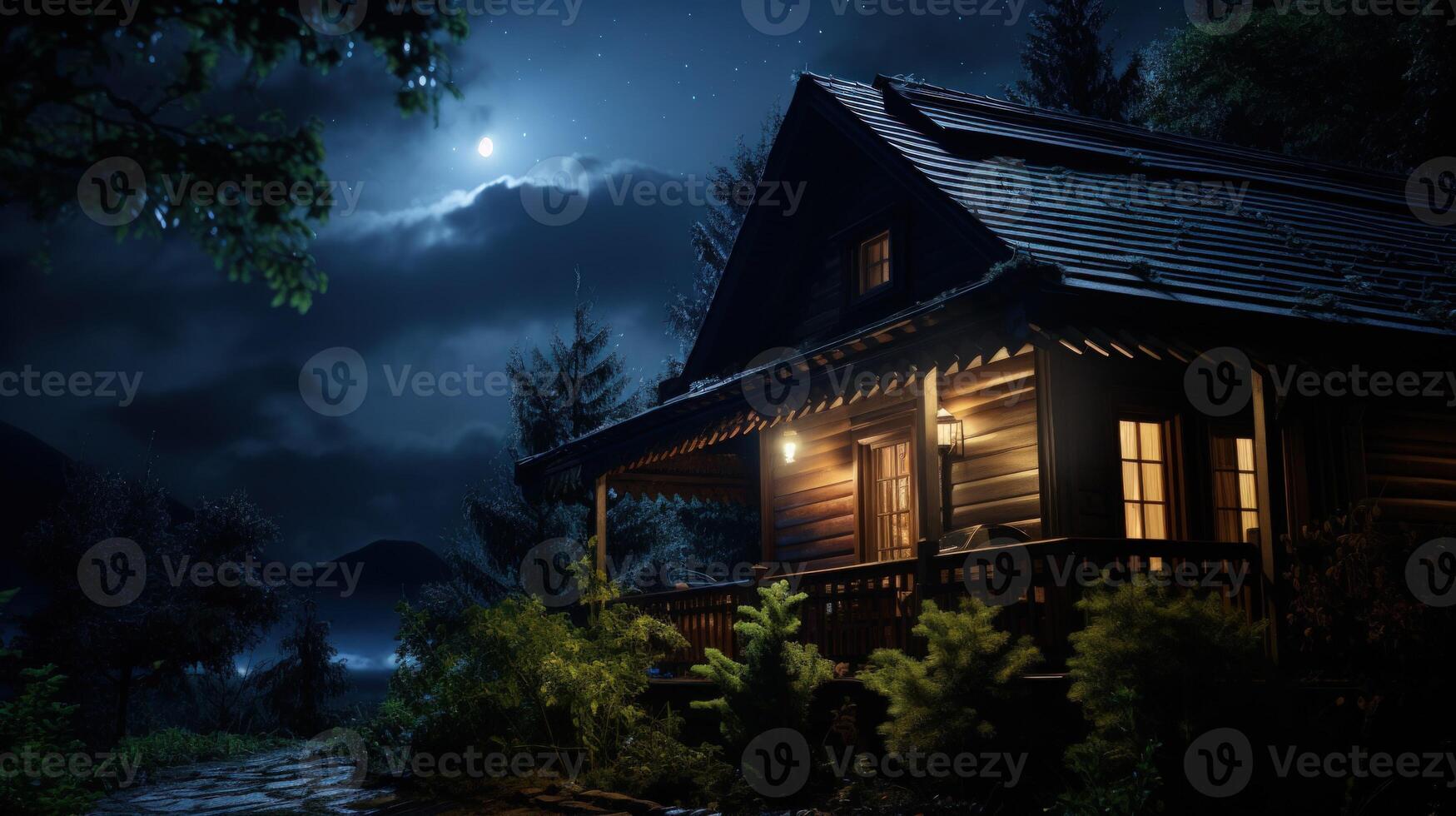 A cozy cabin nestled in the woods at night, with a bright moon shining overhead and warm lights illuminating the windows. photo