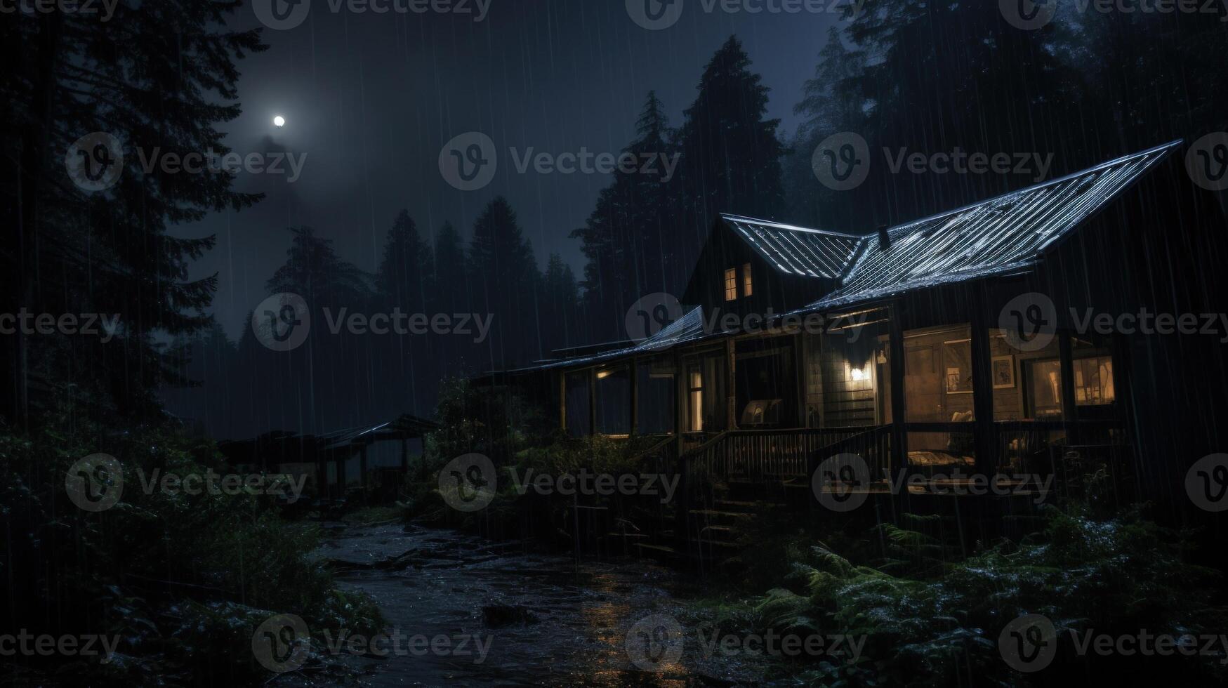 A cozy cabin in the woods at night, illuminated by a warm glow, with rain falling around it and a full moon in the sky. photo