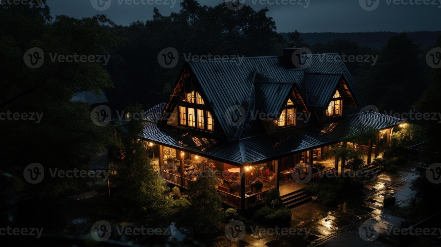 A cozy cabin nestled in the woods, illuminated by warm light on a rainy night. photo