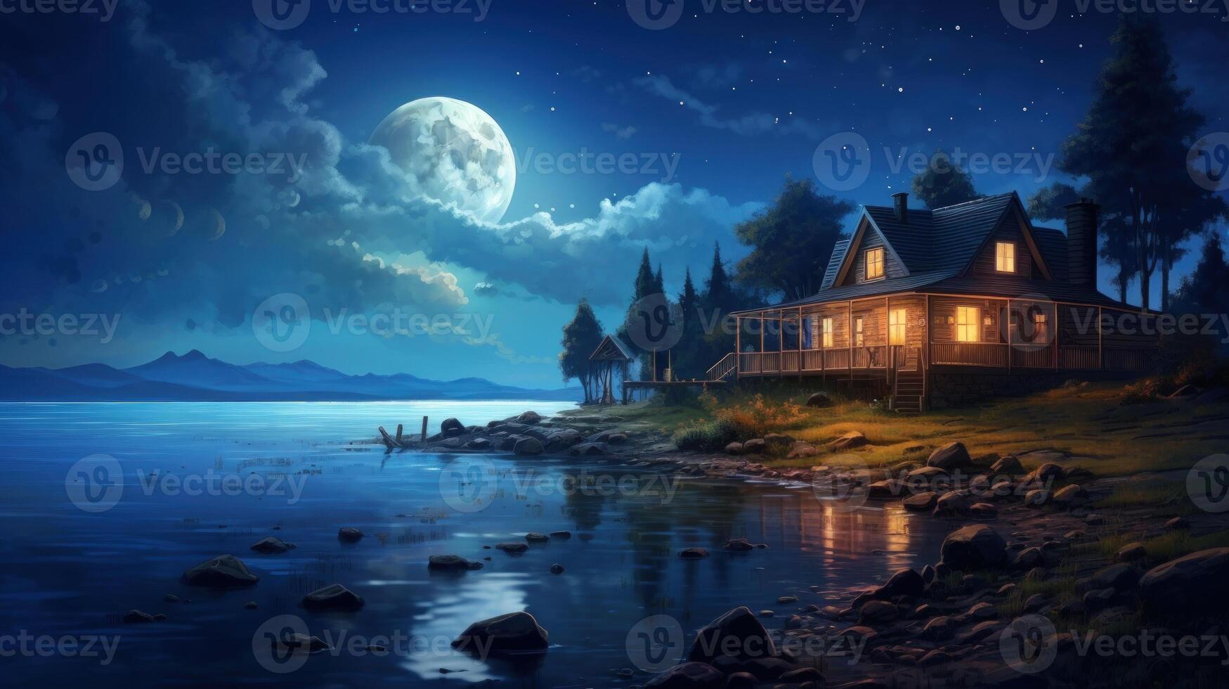 A cozy cabin on a lake with a full moon and starry night sky. photo
