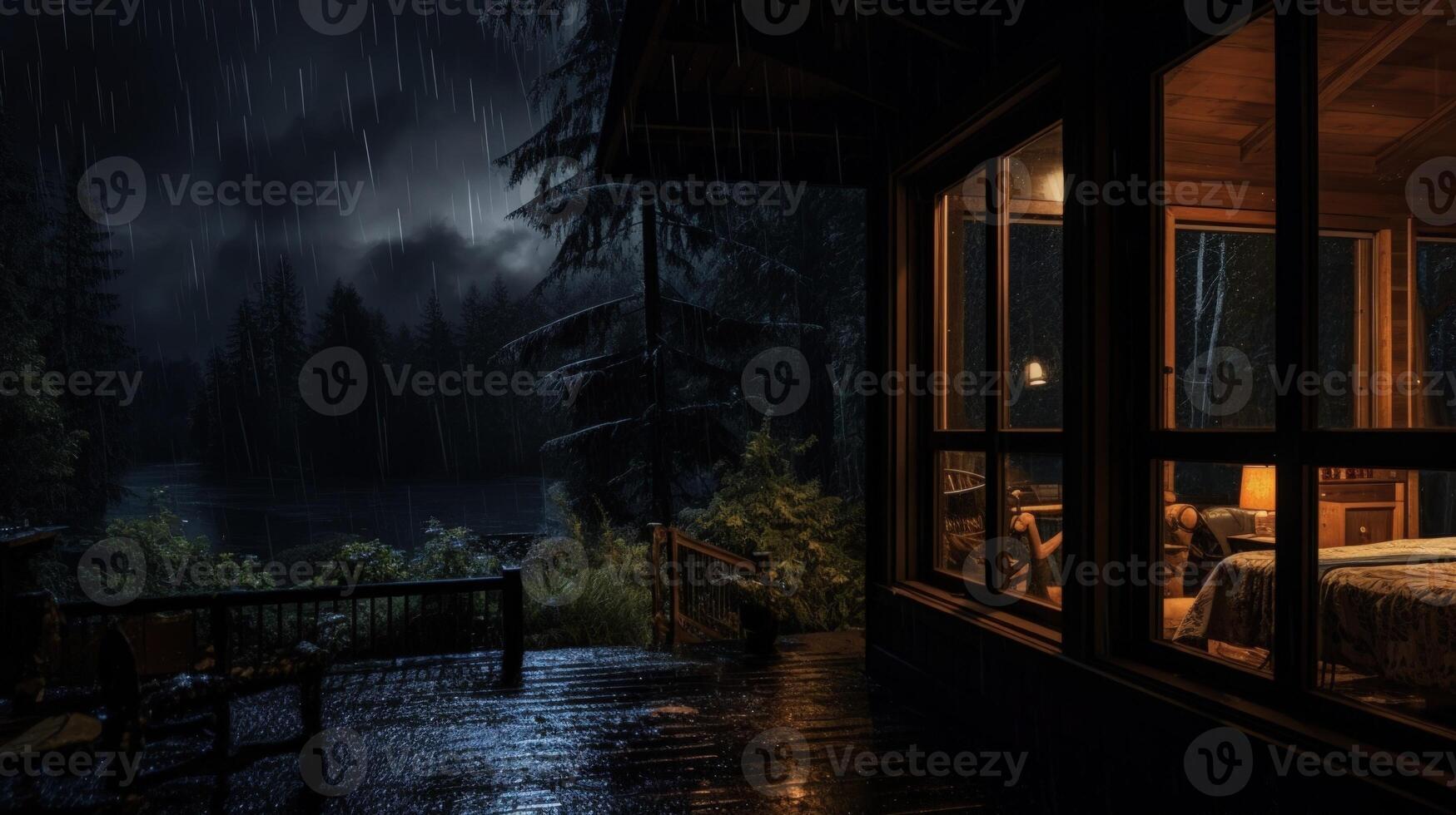 A cozy cabin with a warm interior glows in the darkness as rain falls heavily outside. photo
