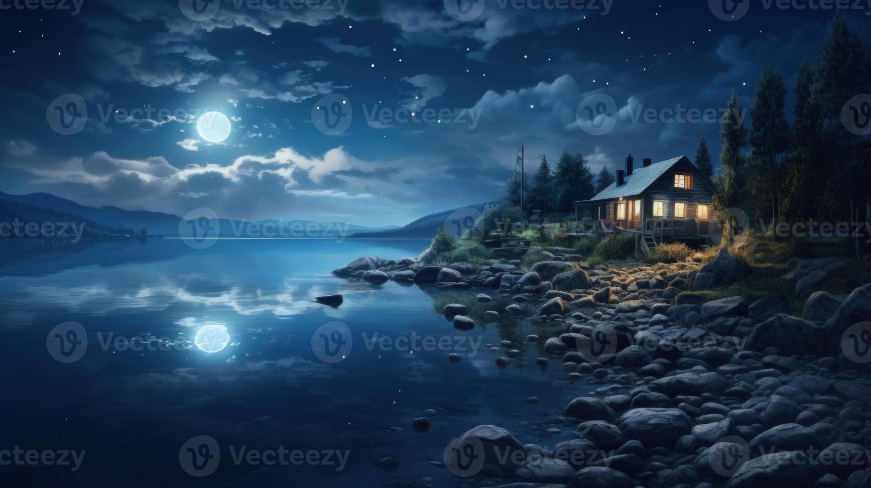 A cozy cabin with lights on sits on a rocky shore under a starry night sky with a full moon shining brightly. photo