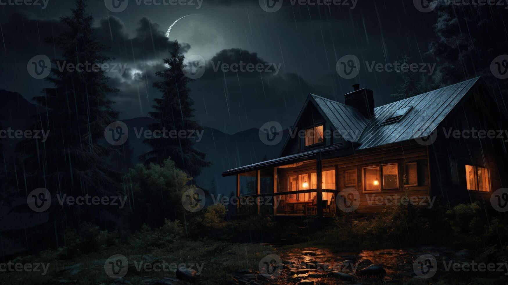 A cozy cabin with lights on in the window, shrouded in darkness and rain, illuminated by a sliver of moon in the night sky. photo